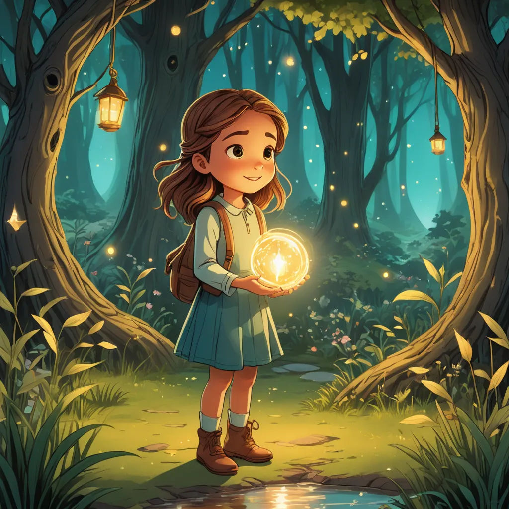 a girl holding a glowing orb in a forest with a pond and trees in the background at night time, fantasy art, a storybook illustration, Cliff Childs, fireflies
