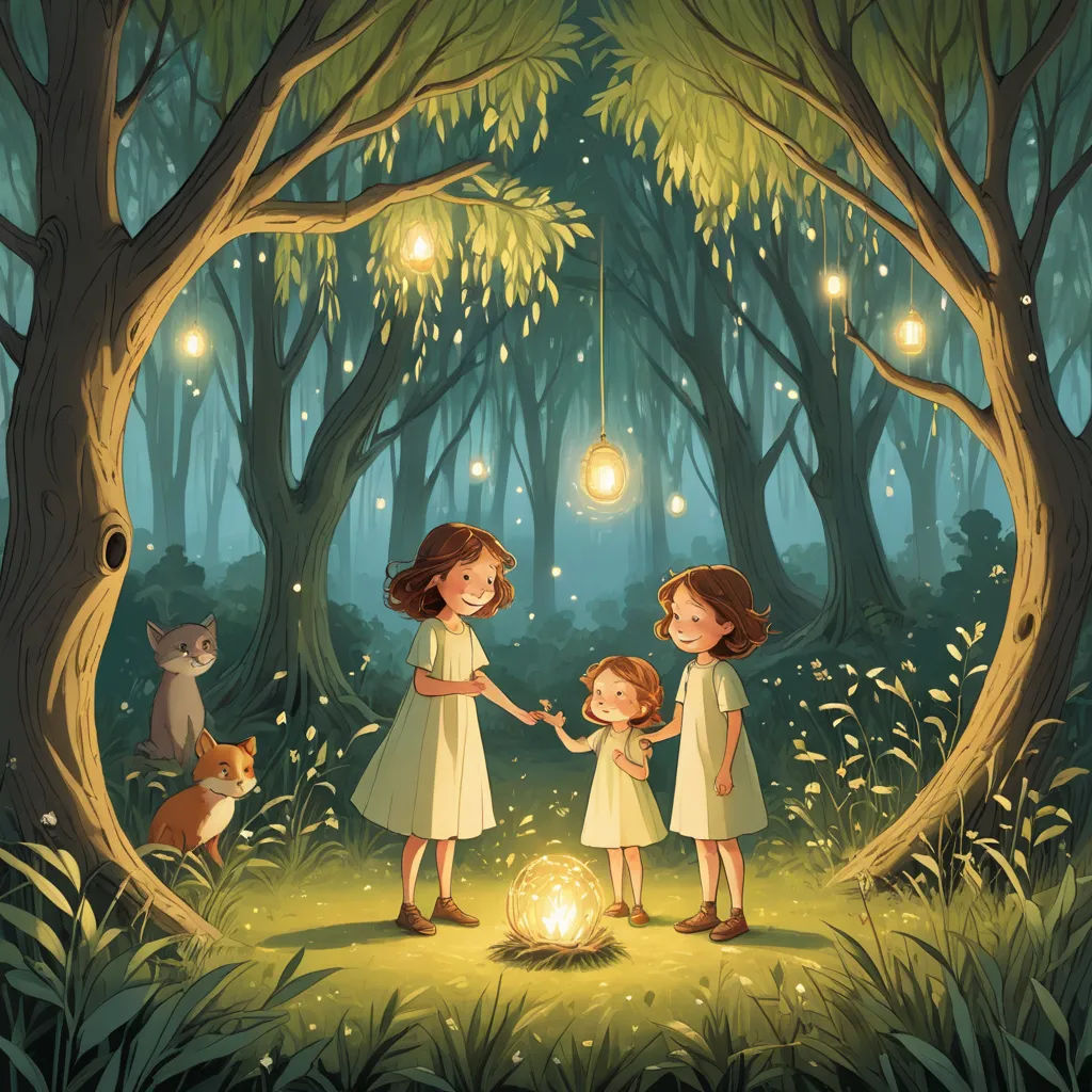 two little girls standing in a forest holding hands and a glowing light in the air above them is a cat and a lantern, magic realism, a storybook illustration, Diego Gisbert Llorens, storybook illustration