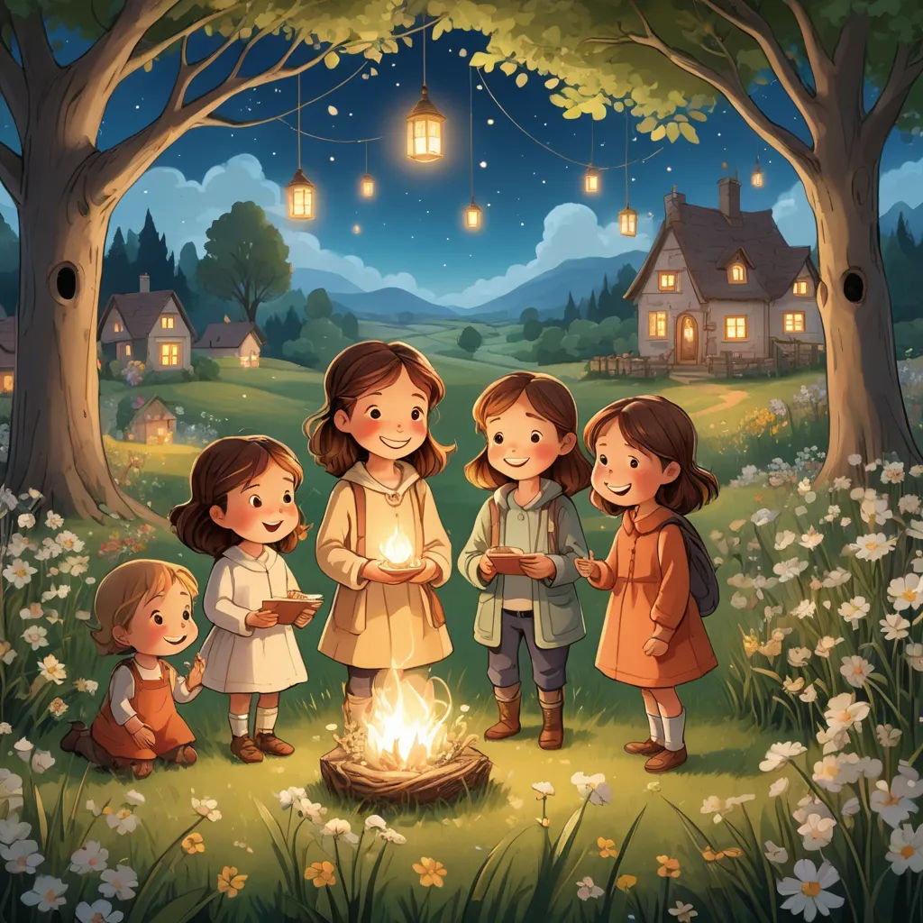 a group of children standing around a campfire in a forest at night with a house in the background, fantasy art, a storybook illustration, Diego Gisbert Llorens, storybook illustration