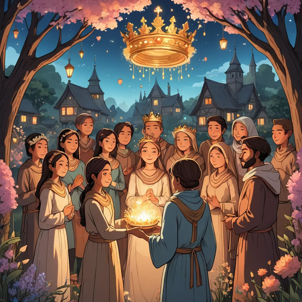a group of people standing around a cake on a table in front of a crowd of people in a forest, fantasy art, a storybook illustration, Asaf Hanuka, official art