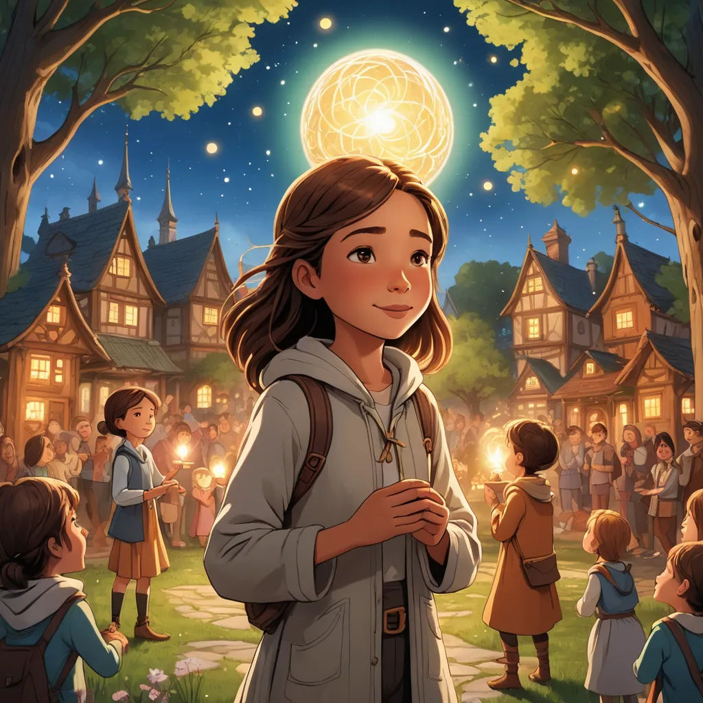 a girl standing in front of a crowd of people in a forest at night with a glowing ball above her head, magical realism, a storybook illustration, Aaron Jasinski, official art