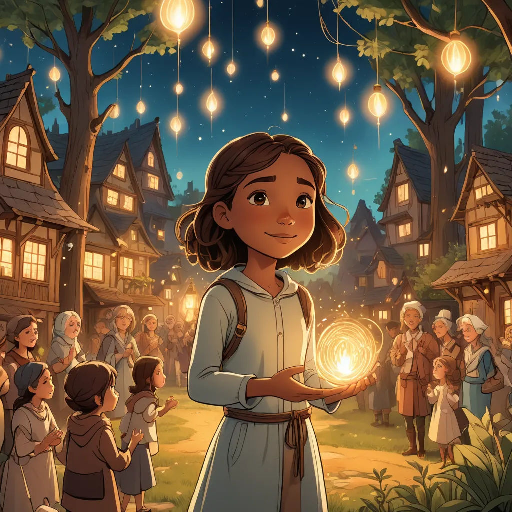 a cartoon girl holding a glowing orb in front of a crowd of people in a village at night time, fantasy art, a storybook illustration, Cliff Childs, official art