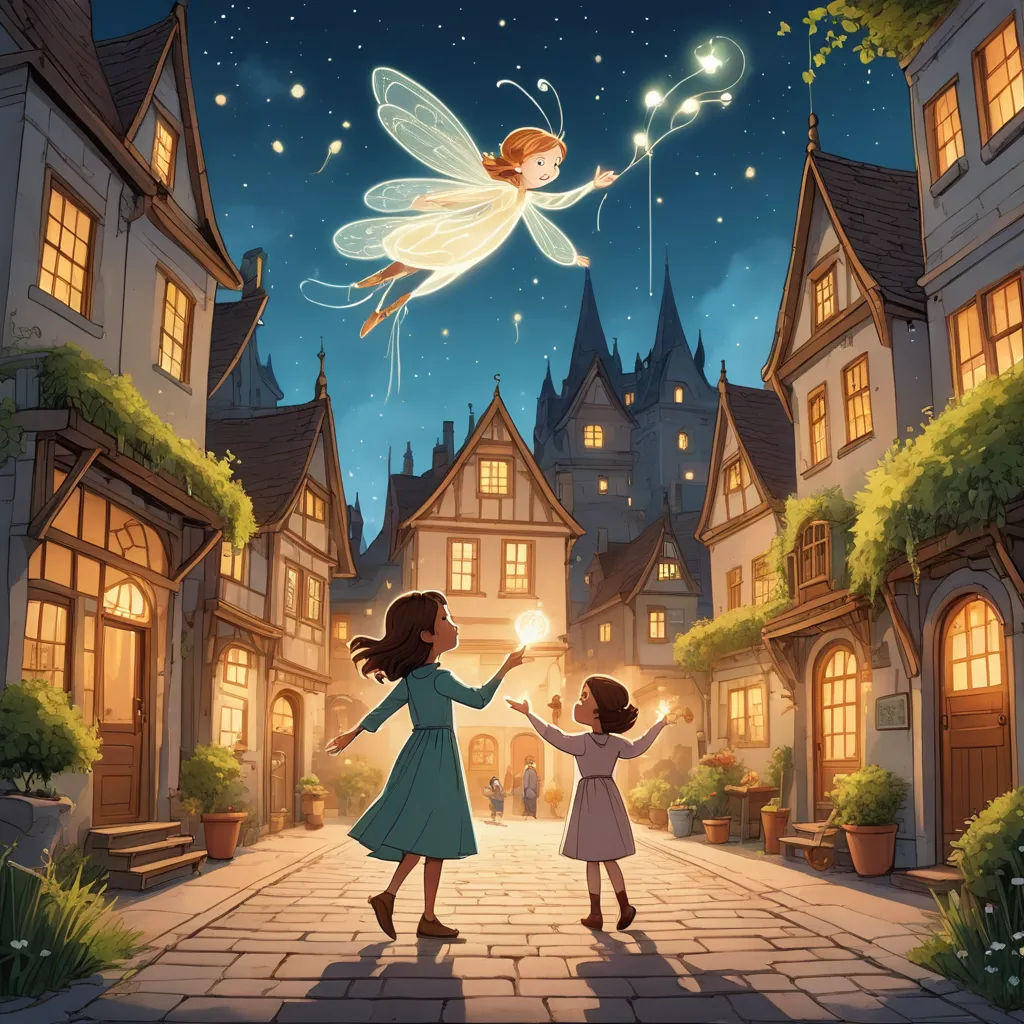 a little girl and a little girl are standing in front of a fairy tale with a fairy flying above, magical realism, a storybook illustration, Cliff Childs, storybook illustration