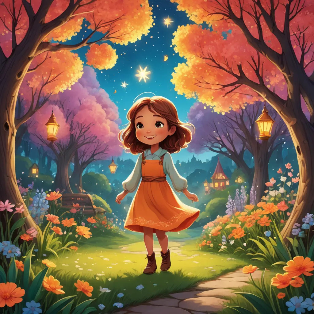 a girl in a dress is walking through a forest with flowers and lanterns on the trees and a path leading to a glowing star, fantasy art, a storybook illustration, Alice Prin, official art