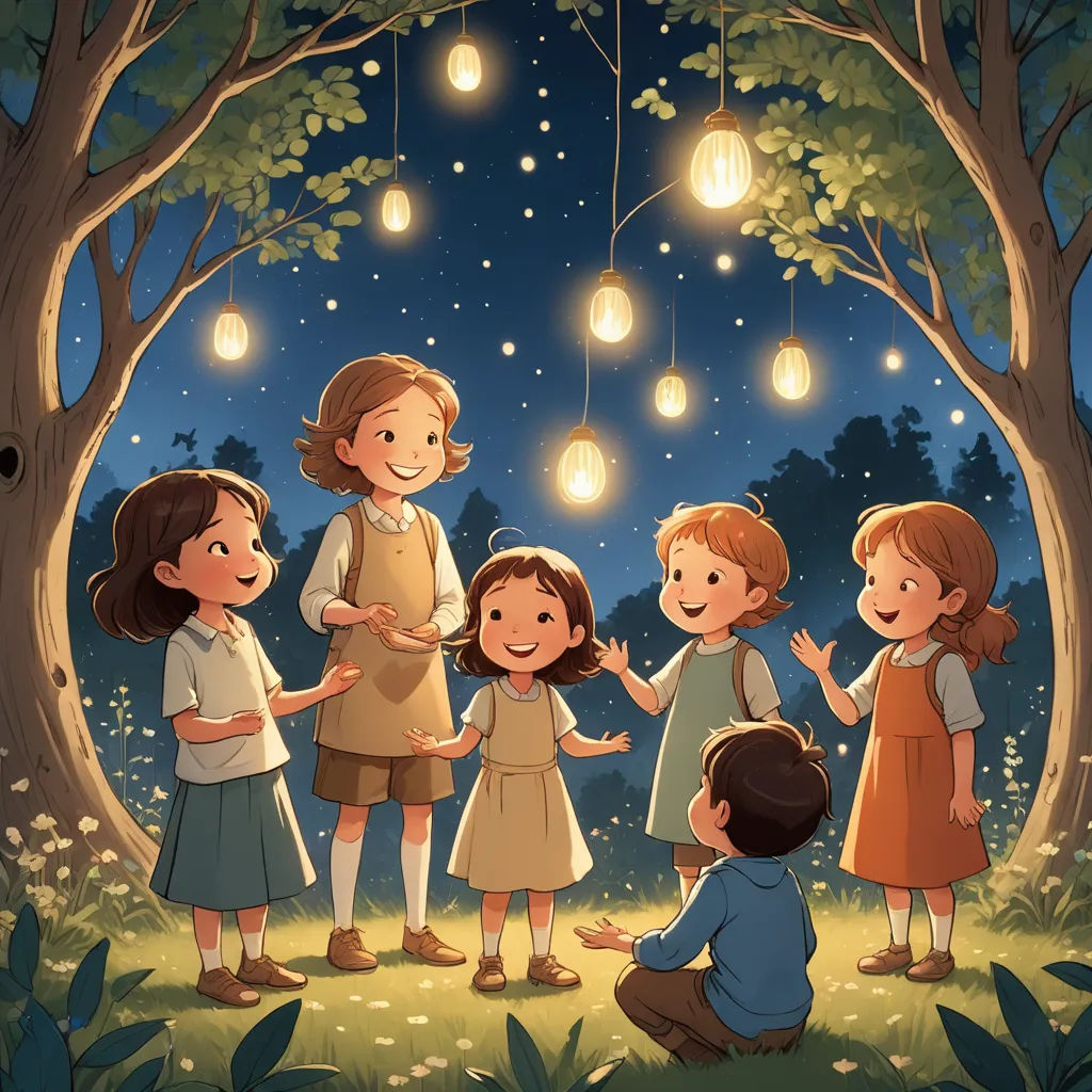 a group of children standing under a tree with lights hanging from it's branches and a man kneeling down, magical realism, a storybook illustration, Diego Gisbert Llorens, storybook illustration