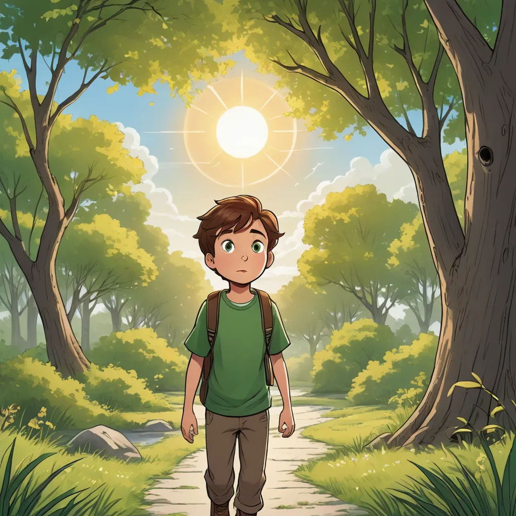 a boy walking down a path in the woods with a sun shining through the trees behind him and a path leading to the woods, environmental art, a storybook illustration, Diego Gisbert Llorens, official art