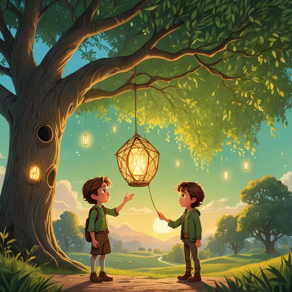 two children are playing with a lantern in a tree at night time, with a glowing light in the sky, fantasy art, a storybook illustration, Diego Gisbert Llorens, rossdraws global illumination