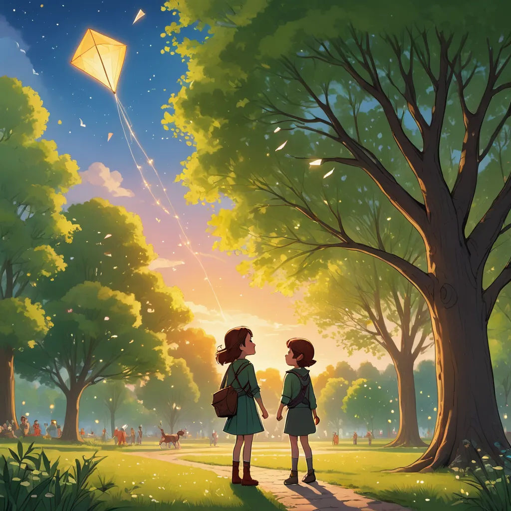two children are standing in a park looking at a kite in the sky above them, with a dog nearby, magical realism, a storybook illustration, Atey Ghailan, official art