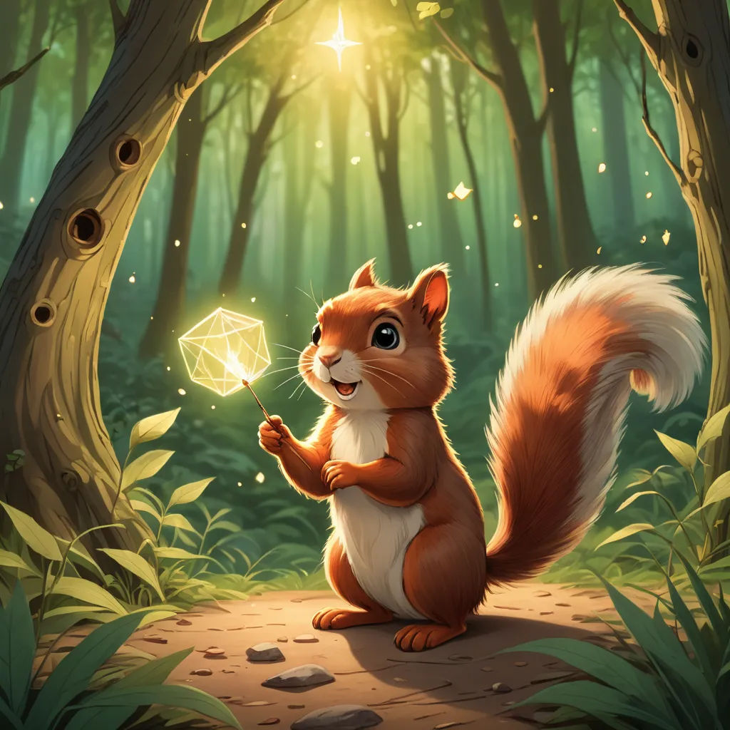a squirrel holding a diamond in a forest with a star in its hand and a forest background with trees, sots art, a character portrait, Chris LaBrooy, rossdraws global illumination