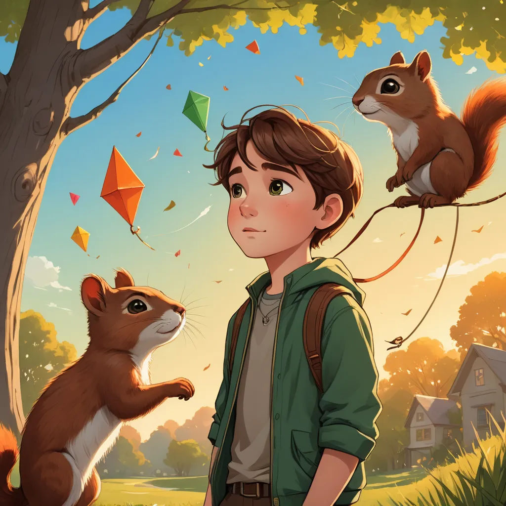 a boy standing next to a squirrel and a squirrel on a tree branch with a kite in the air, magic realism, a storybook illustration, Aaron Jasinski, key art