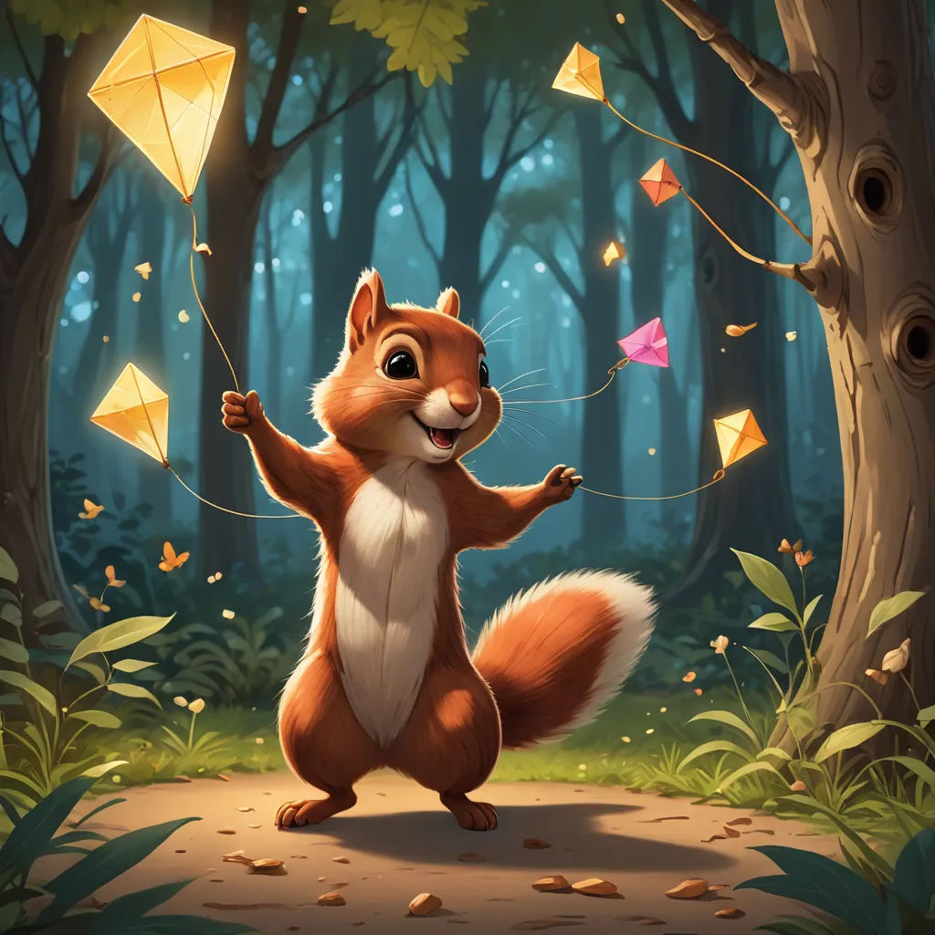 a squirrel is holding a string of kites in the forest with a forest background and trees and leaves, sots art, concept art, Chris LaBrooy, magic the gathering artwork