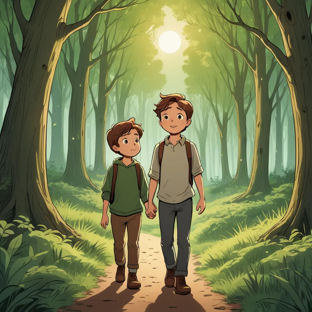 a couple of people walking down a forest path with trees and grass on either side of them and a sun shining through the trees, neo-romanticism, a storybook illustration, Diego Gisbert Llorens, official art