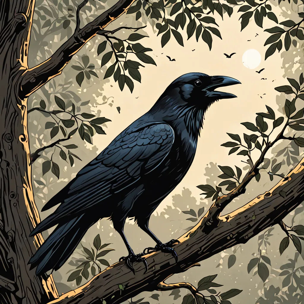 a black bird sitting on a branch of a tree with leaves and a full moon in the background with a full moon in the sky, process art, a comic book panel, Dan Mumford, laurie greasley