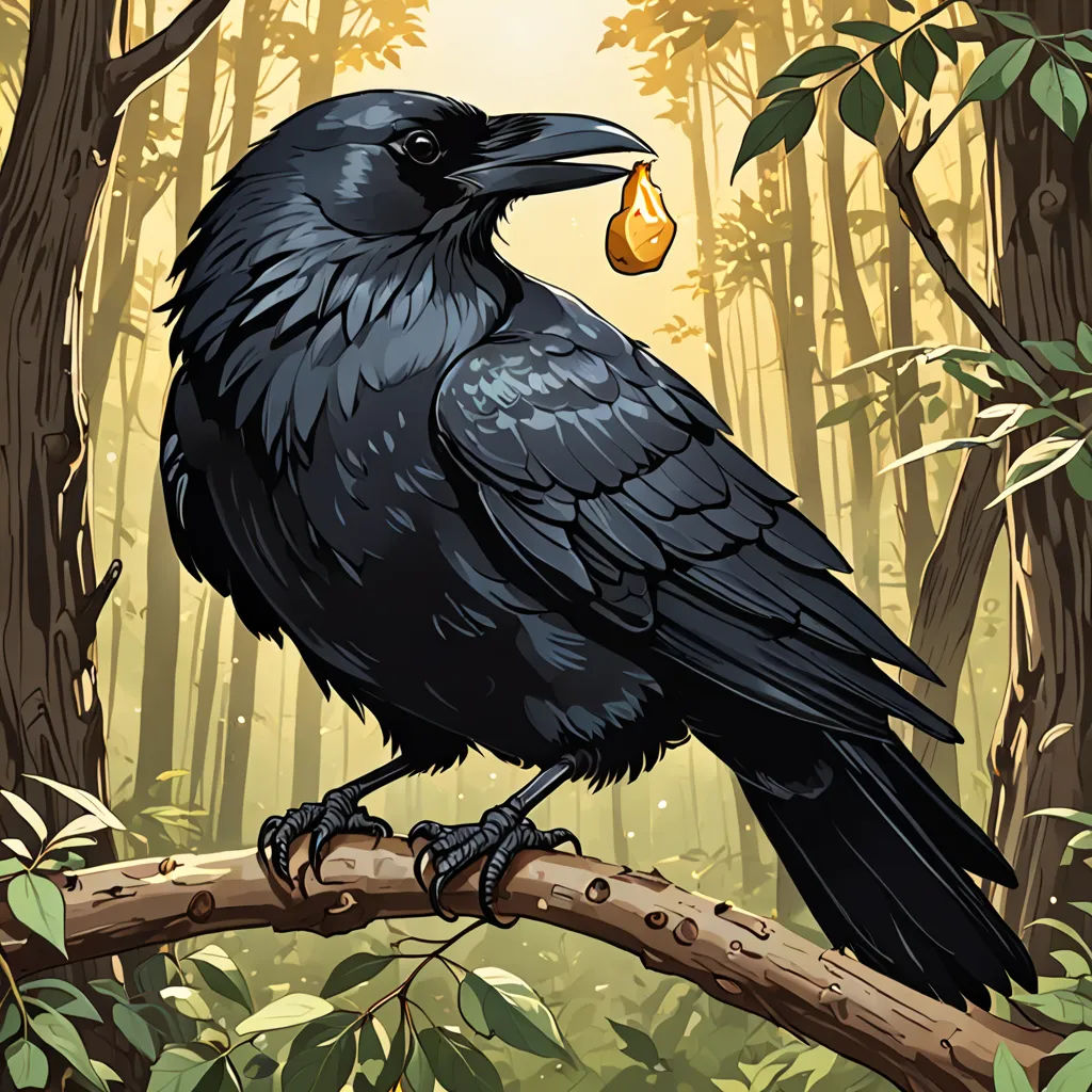 a black bird sitting on a branch in a forest with a piece of fruit in its beak in its mouth, fantasy art, a character portrait, Craola, magic the gathering artwork