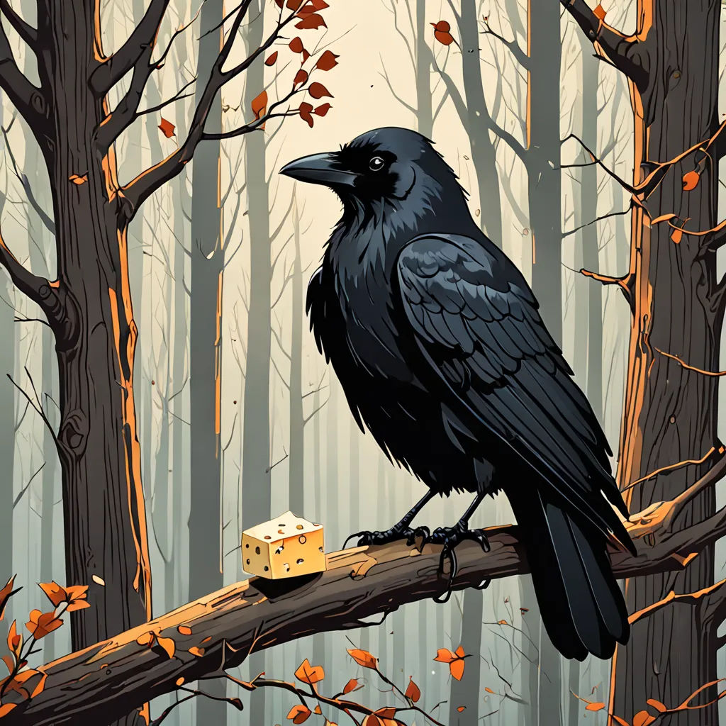 a black bird sitting on a branch with a piece of cheese in its mouth and a tree in the background, altermodern, poster art, Dan Mumford, josan gonzales and dan mumford