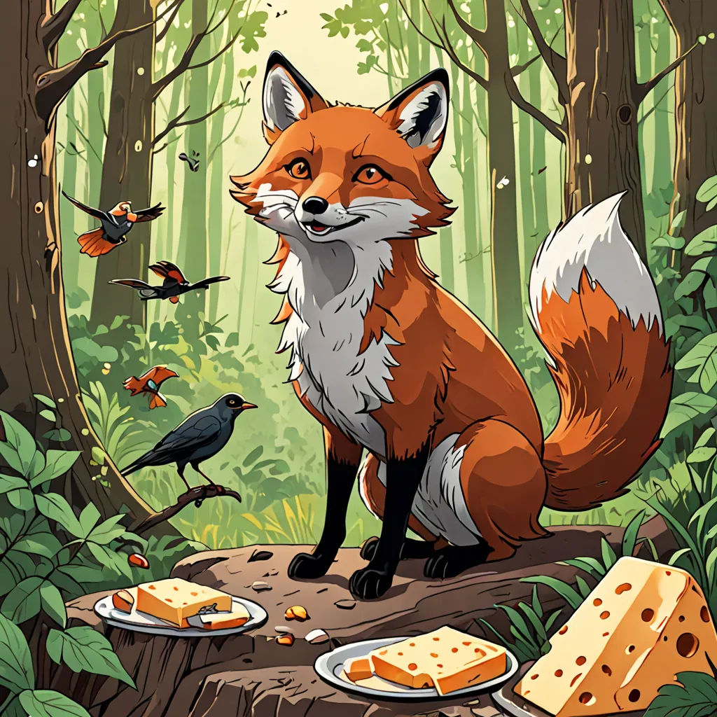 a fox sitting on a stump in the woods with cheese and birds around it, and a bird flying overhead, furry art, a storybook illustration, Dan Mumford, official art