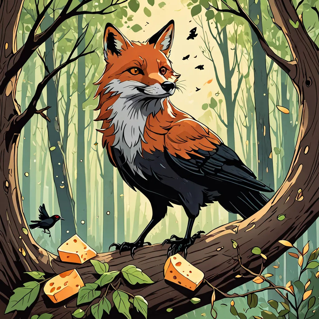 a red fox sitting on a tree branch in a forest with cheese cubes on it's feet, fantasy art, a storybook illustration, Dan Mumford, josan gonzales and dan mumford