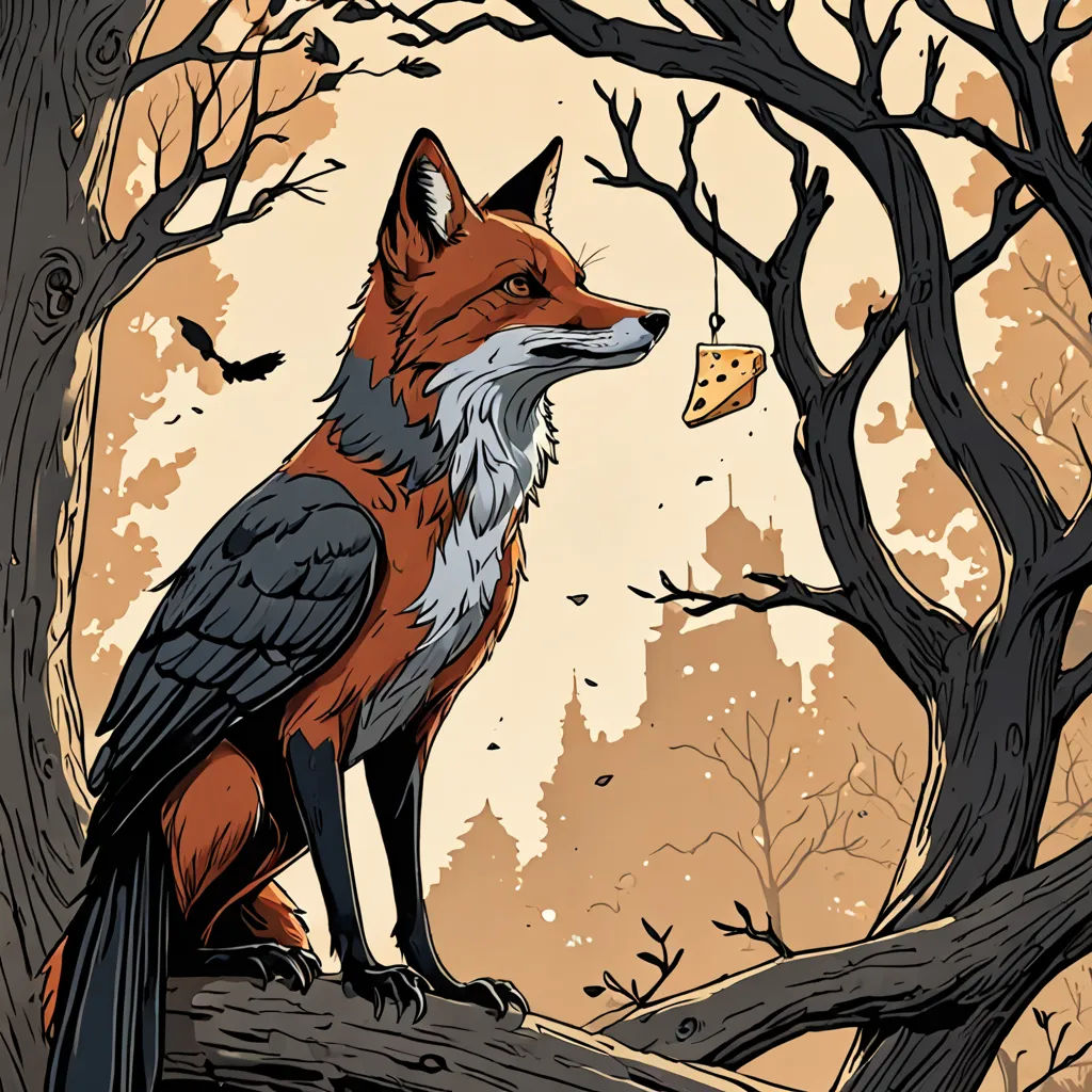 a fox sitting on a tree branch with a piece of cheese in its mouth and a bird flying by, fantasy art, a storybook illustration, Dan Mumford, josan gonzales and dan mumford