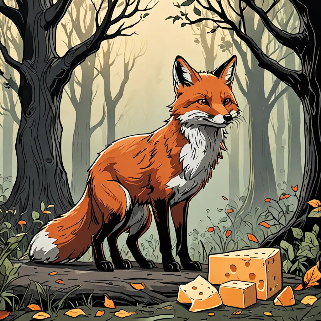 a fox standing on a log in a forest with a block of cheese in front of it and a block of cheese in the foreground, furry art, a storybook illustration, Dan Mumford, josan gonzales and dan mumford