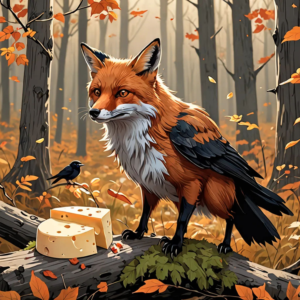 a painting of a fox and a bird eating cheese in a forest with leaves and trees in the background, fantasy art, a storybook illustration, Dan Mumford, furaffinity