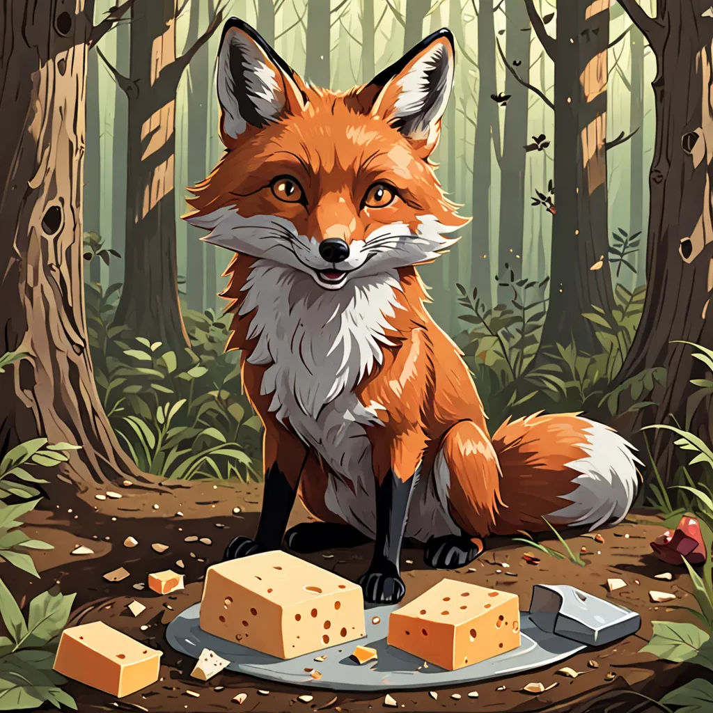 a fox sitting in the woods with cheese on a plate next to it and a knife and fork in front of it, furry art, a storybook illustration, Dan Mumford, official art