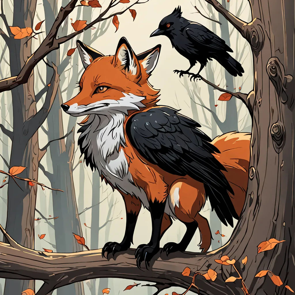 a fox and a bird are sitting on a tree branch in the woods with leaves on the ground and a bird on the tree branch, fantasy art, a storybook illustration, Dan Mumford, leesha hannigan