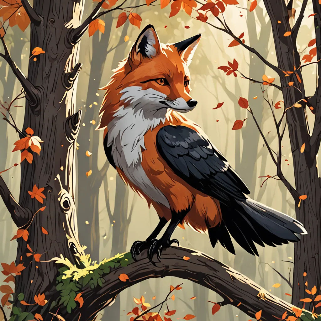 a red fox sitting on a branch in a forest with leaves on it's branches and a tree with orange and white leaves, furry art, a storybook illustration, Brom, autumn