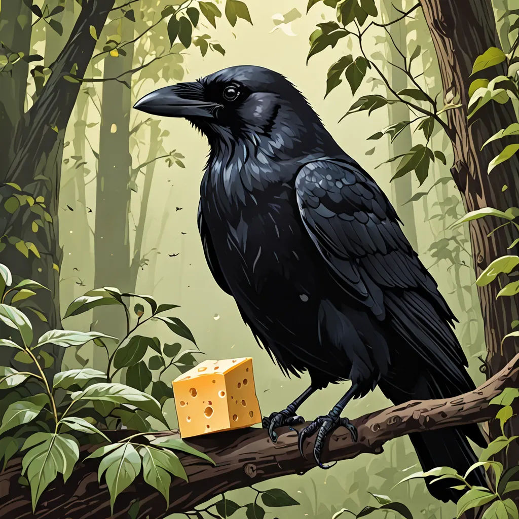 a black bird sitting on a branch with a block of cheese on it's feet in a forest, altermodern, a storybook illustration, Dan Mumford, book cover