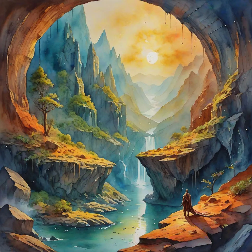 a painting of a man standing in a cave looking at a waterfall and a river below it with a sunset, fantasy art, an airbrush painting, Christophe Vacher, fantasy artwork