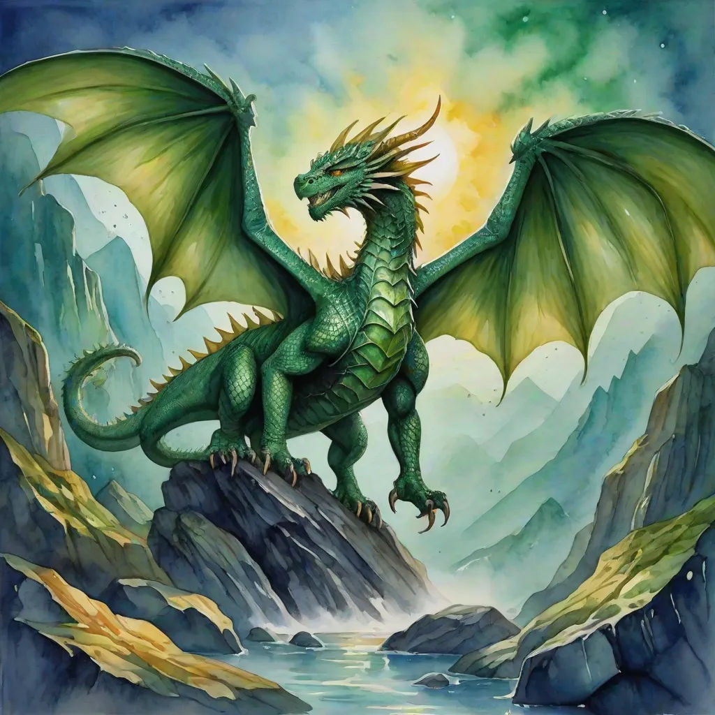 a green dragon sitting on top of a mountain next to a river and a mountain range with a sun, fantasy art, an airbrush painting, Anne Stokes, dragon art