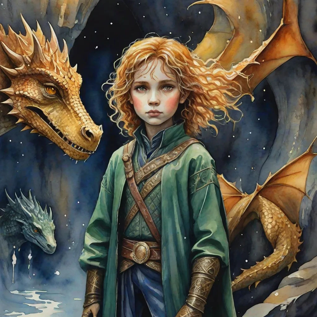 a painting of a girl and a dragon in front of a sky background with stars and clouds, with a green cape and a gold dragon on the head, fantasy art, a storybook illustration, Alan Lee, dragon art