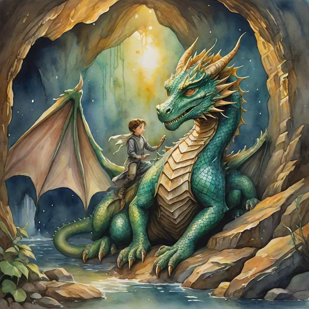 a painting of a boy riding a dragon in a cave with a dragon nearby and a man sitting on the dragon, fantasy art, a storybook illustration, Cliff Childs, dragon art
