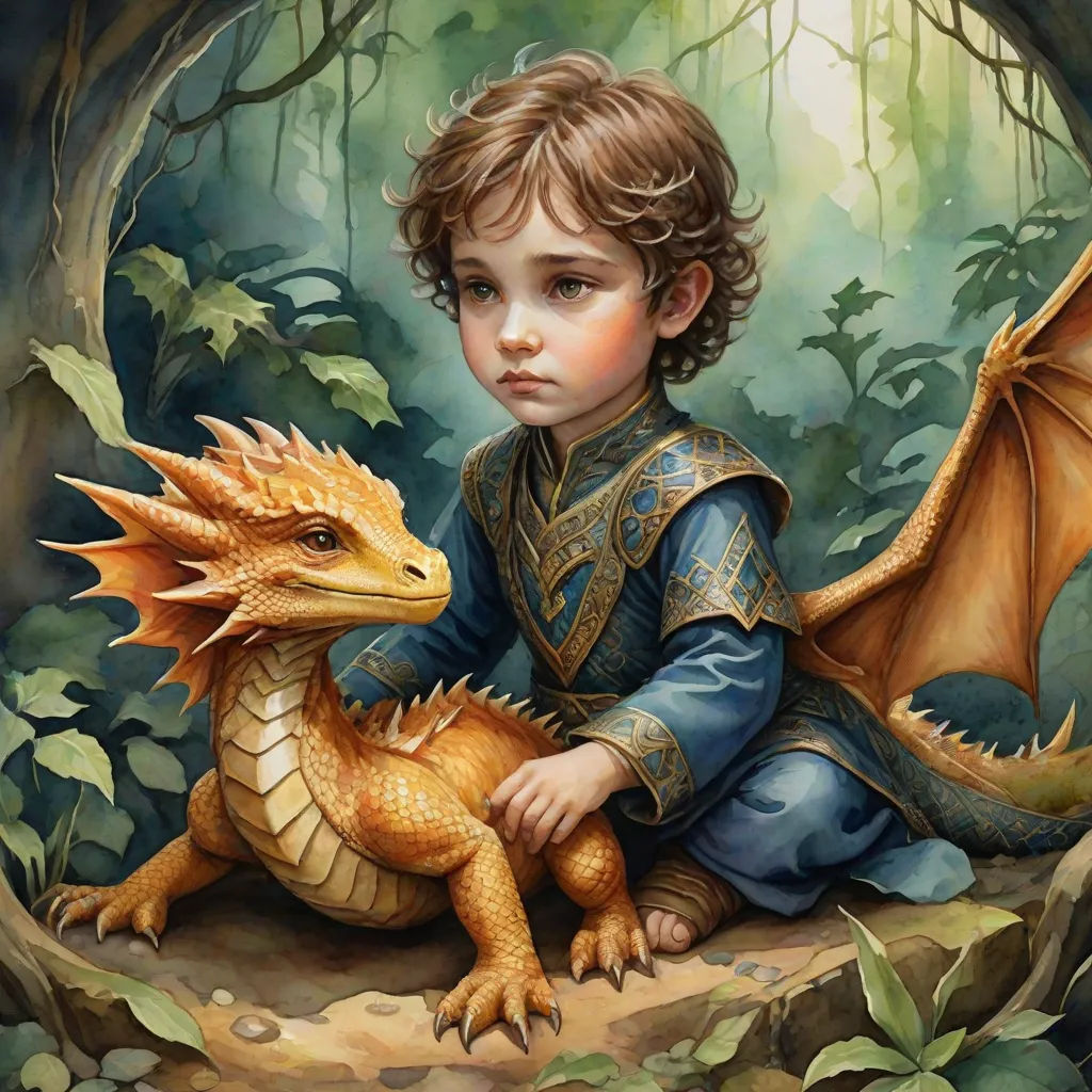 a painting of a boy with a dragon in a forest setting with leaves and rocks around him, looking at the viewer, fantasy art, a storybook illustration, Anne Stokes, dragon art
