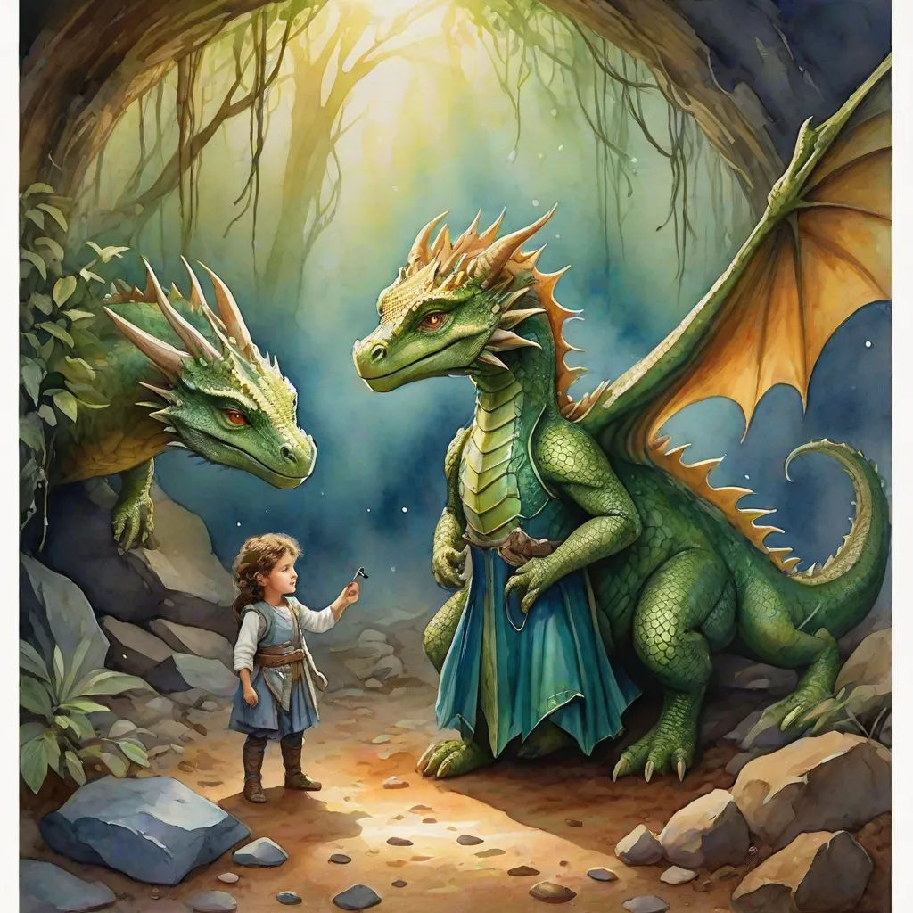 a boy and a dragon in a cave with a light shining on them and a man standing next to them, fantasy art, a storybook illustration, Anne Stokes, storybook illustration
