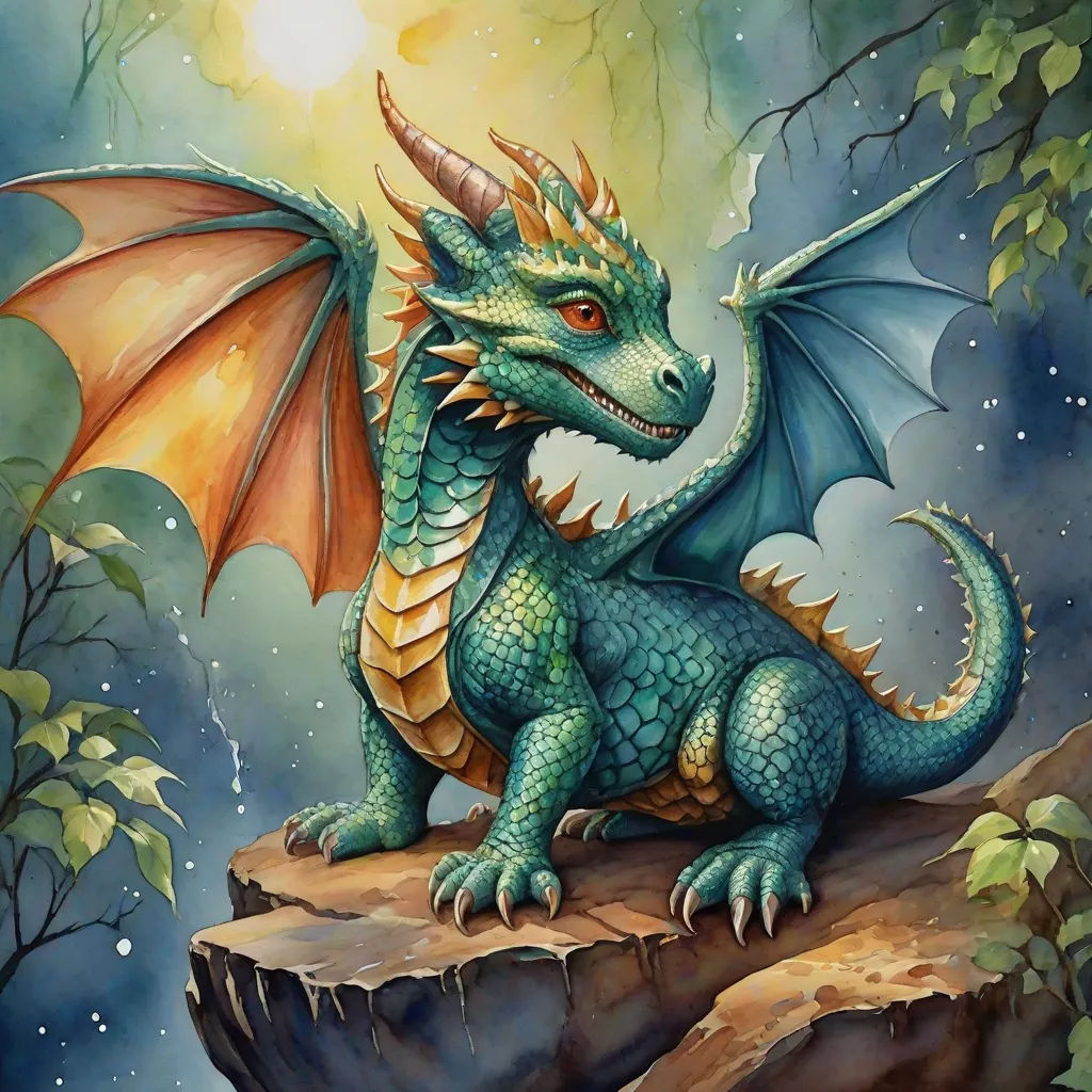 a painting of a dragon sitting on a rock in the woods with a bright light behind it and a tree branch, fantasy art, an airbrush painting, Anne Stokes, dragon art
