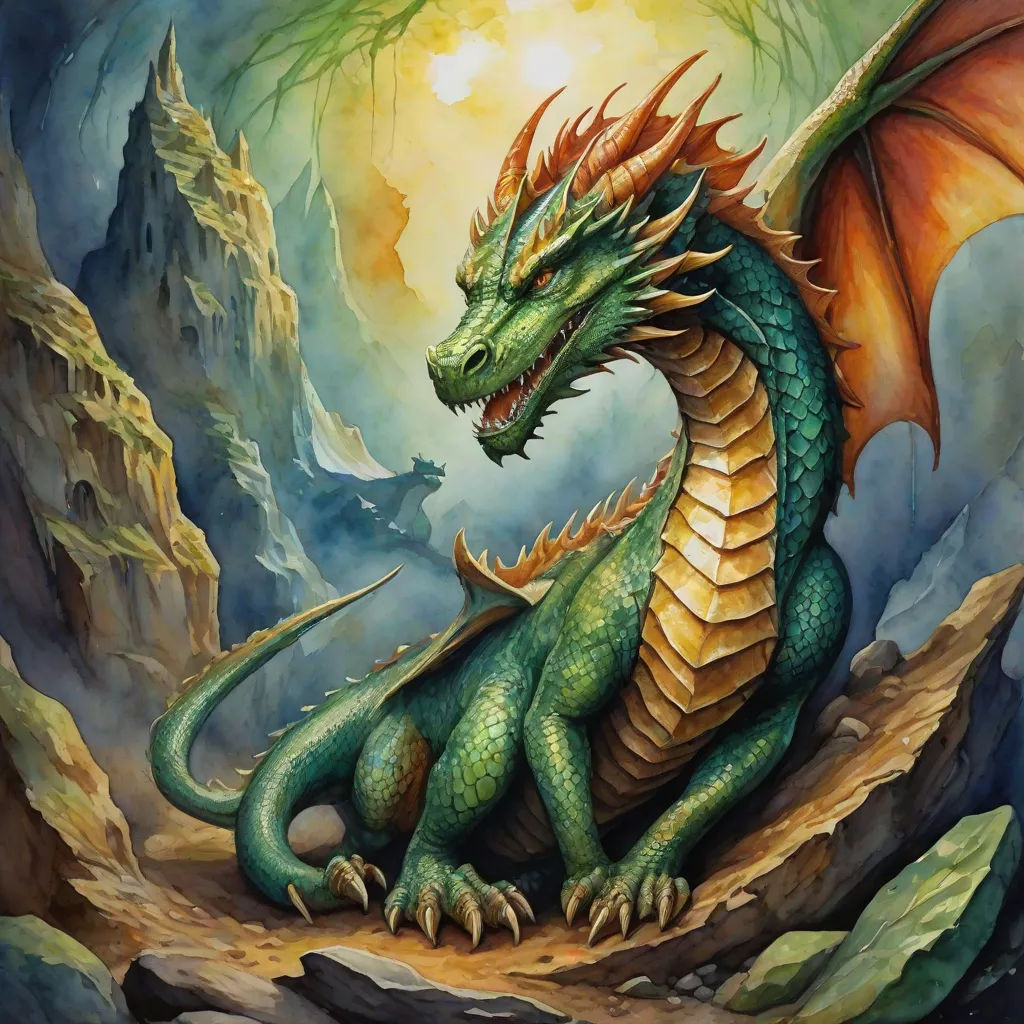 a painting of a dragon sitting on a rock in the mountains with a dragon in the background and a mountain in the foreground, fantasy art, an airbrush painting, Anne Stokes, dragon art