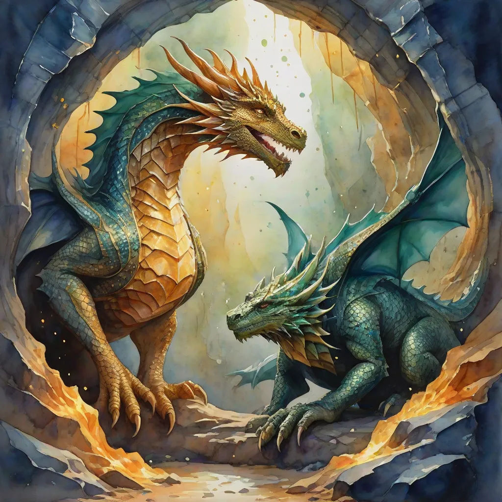 two dragon fighting in a cave with a light coming from behind them, with a blue sky background and a yellow fire coming from the bottom, fantasy art, an airbrush painting, Donato Giancola, dragon art