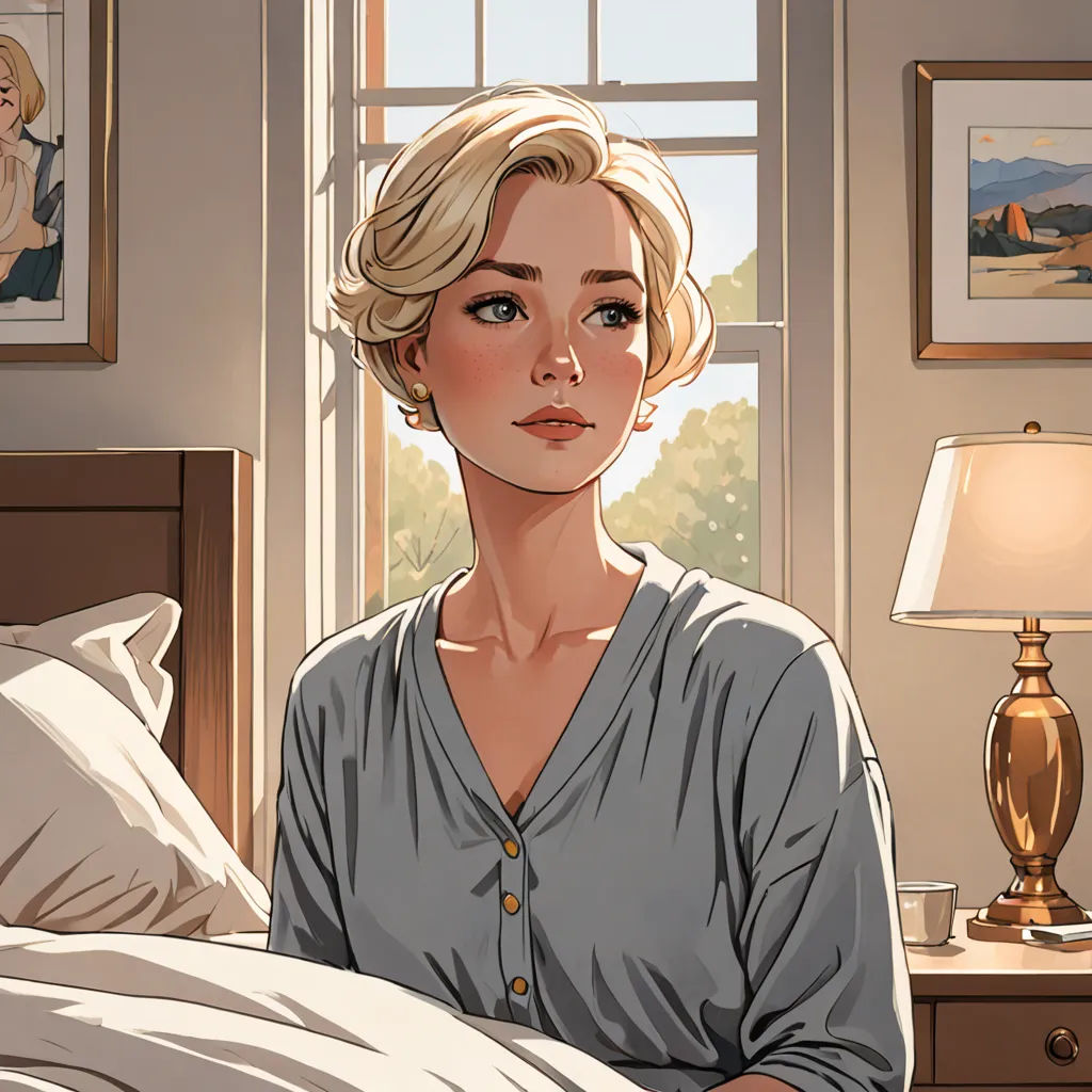 a woman sitting in bed with a lamp on the side of the bed and a painting on the wall, american scene painting, a comic book panel, Atey Ghailan, rossdraws global illumination