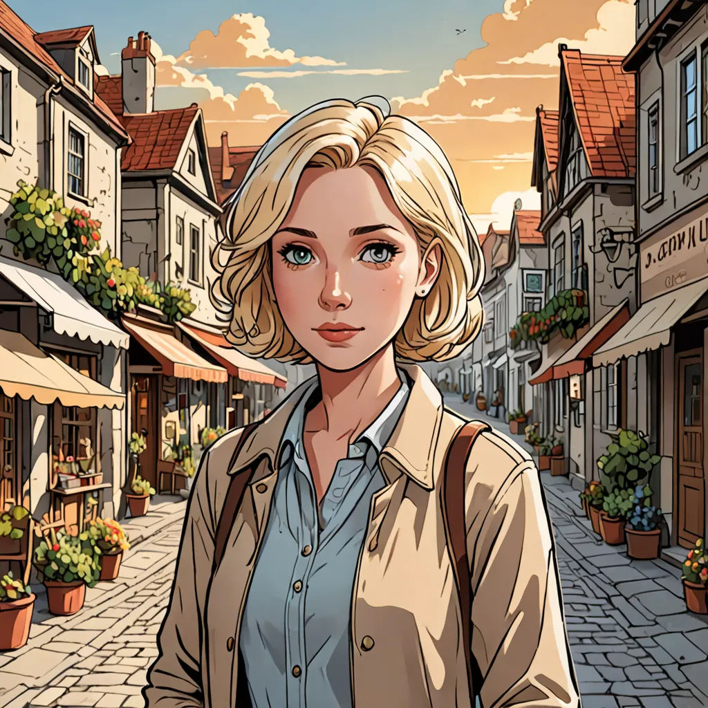 a woman standing in front of a street with a building in the background and a potted plant on the sidewalk, process art, a comic book panel, Cedric Seaut (Keos Masons), comic cover art