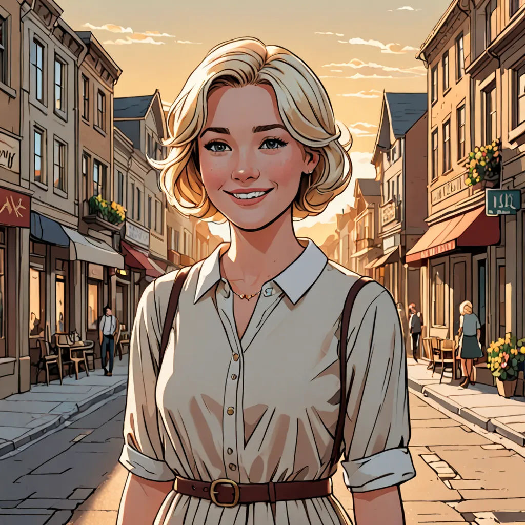 a woman in a dress is standing on a street corner with a city in the background and a building with a clock on it, fantastic realism, a comic book panel, Colin Middleton, rossdraws global illumination