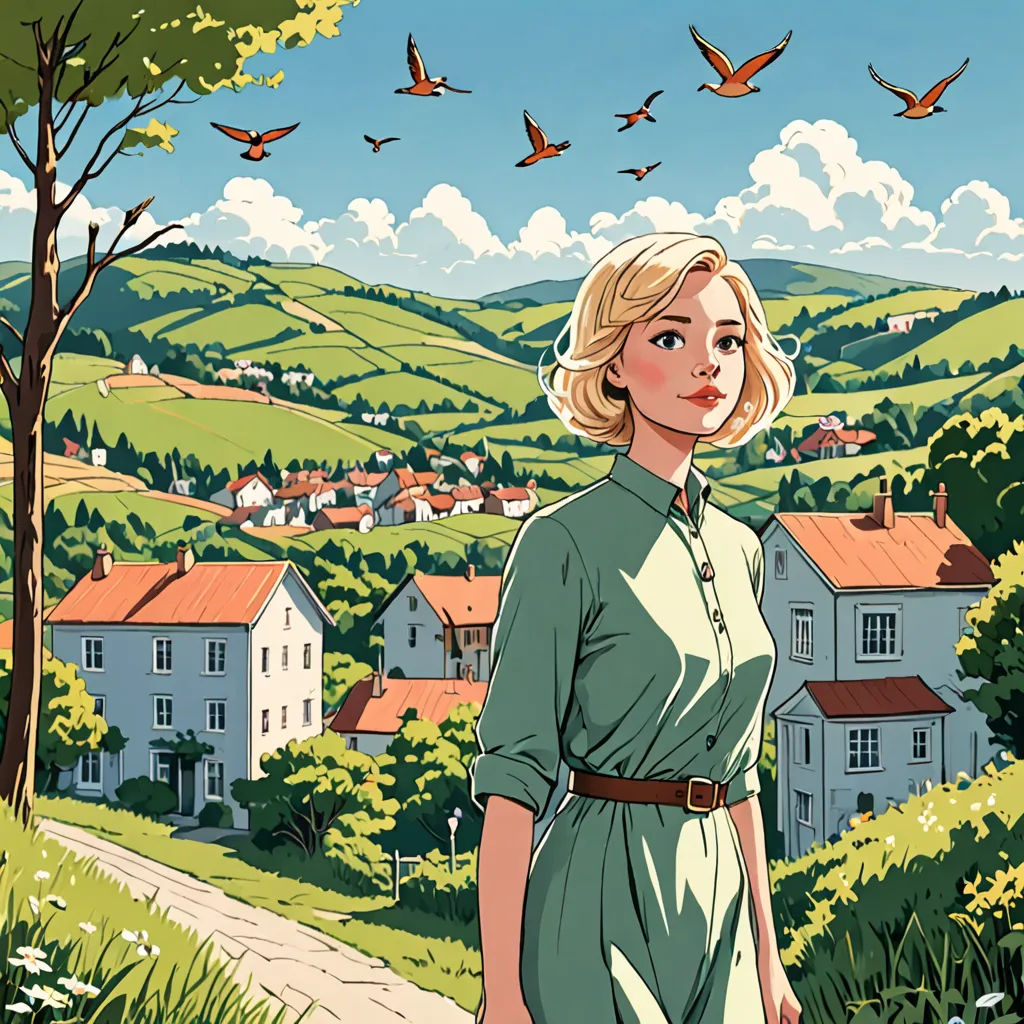 a woman standing in front of a rural landscape with birds flying overhead and a bird - filled sky above, les automatistes, a storybook illustration, Atey Ghailan, high detail illustration