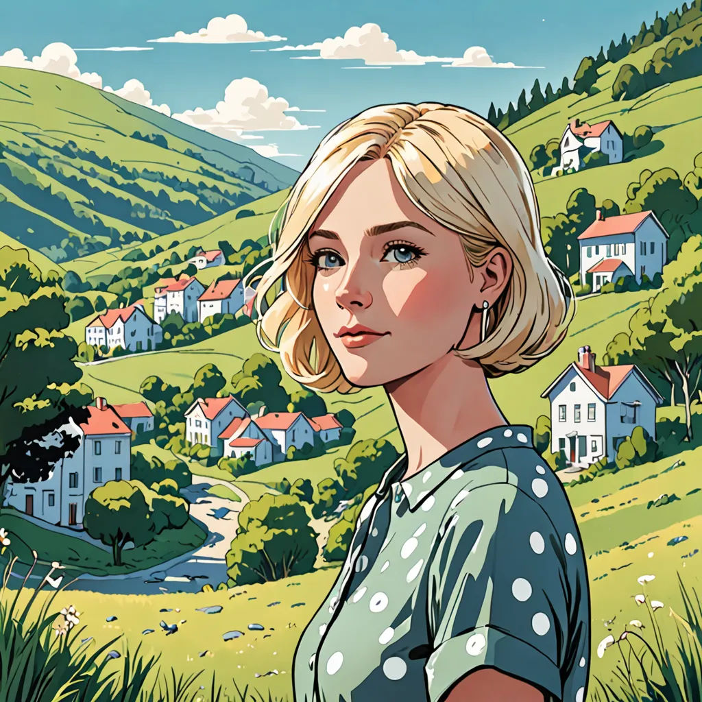 a woman standing in front of a green hillside with houses on it and a river running through it, in a cartoon style, american scene painting, a character portrait, Colin Middleton, high detail illustration