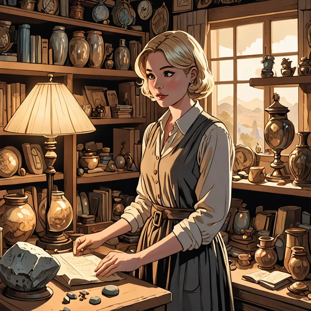 a woman in a room with many clocks and a lamp on a table and a book on a table, retrofuturism, a comic book panel, Constance Gordon-Cumming, comic cover art