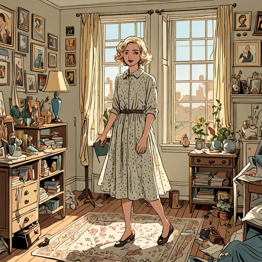 a woman in a room with a rug and a window with pictures on it and a man sitting in a chair, process art, a comic book panel, Colin Middleton, graphic novel