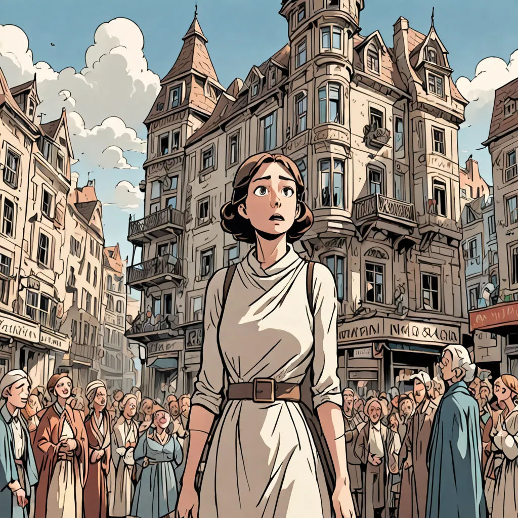 a woman in a white dress standing in front of a crowd of people in a city street with a clock tower, art nouveau, a comic book panel, Asaf Hanuka, graphic novel