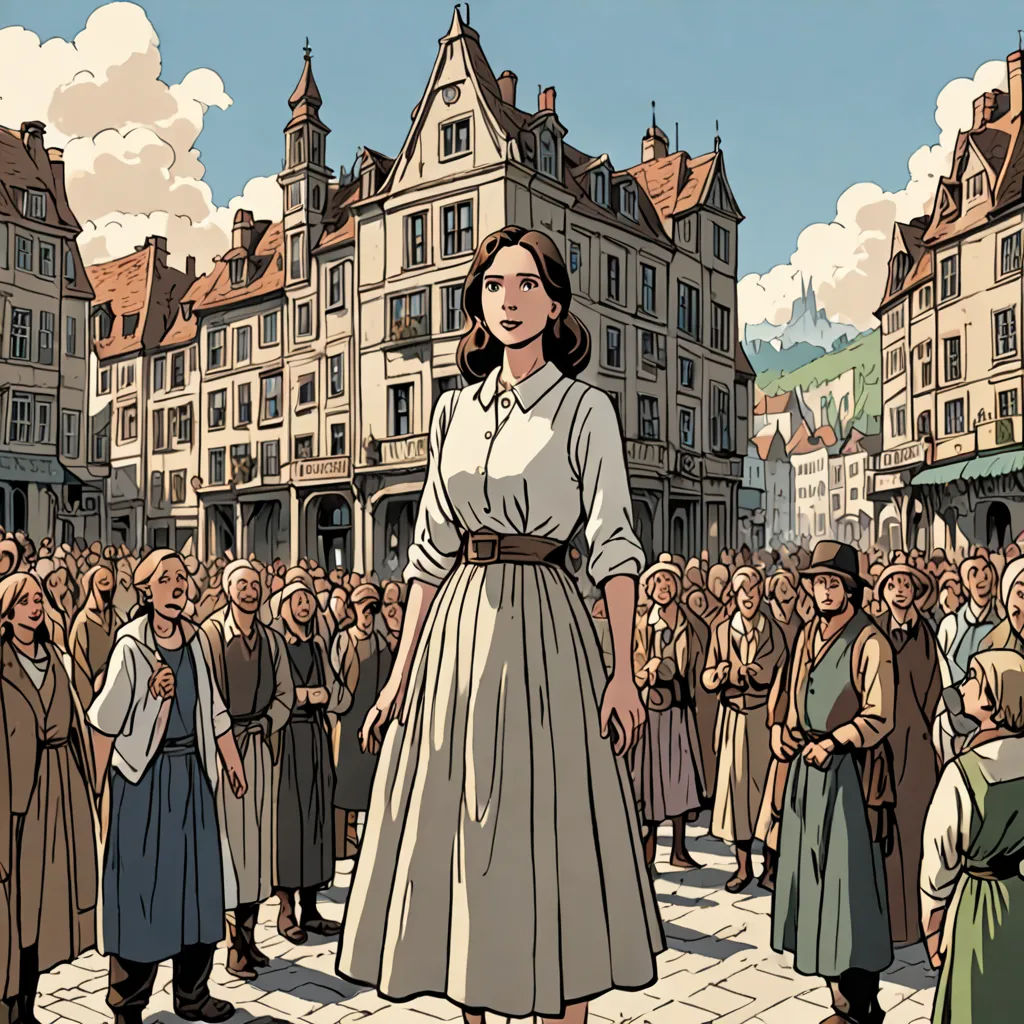 a woman in a dress standing in front of a crowd of people in a town square with a clock tower, les automatistes, a comic book panel, Farel Dalrymple, graphic novel