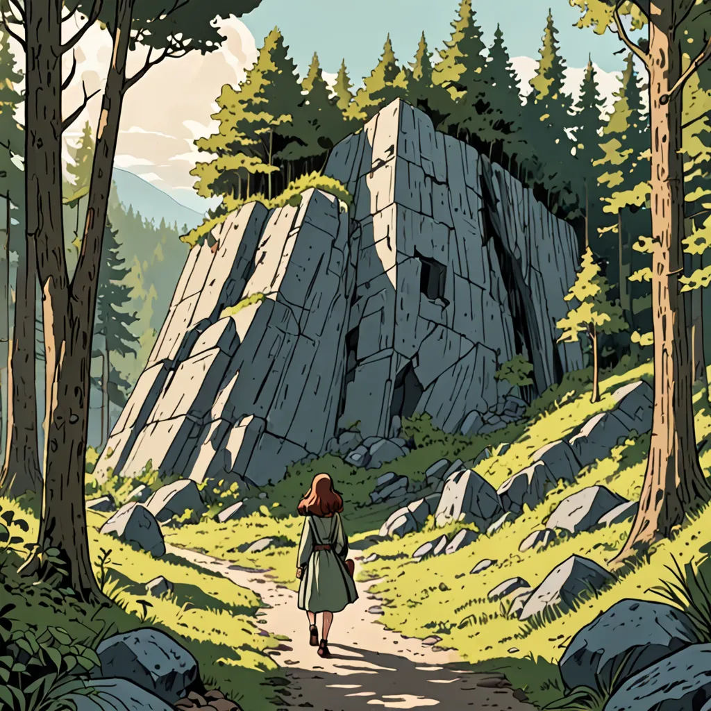 a woman walking down a dirt road next to a forest filled with trees and rocks on a sunny day, les automatistes, a storybook illustration, Atey Ghailan, comic cover art