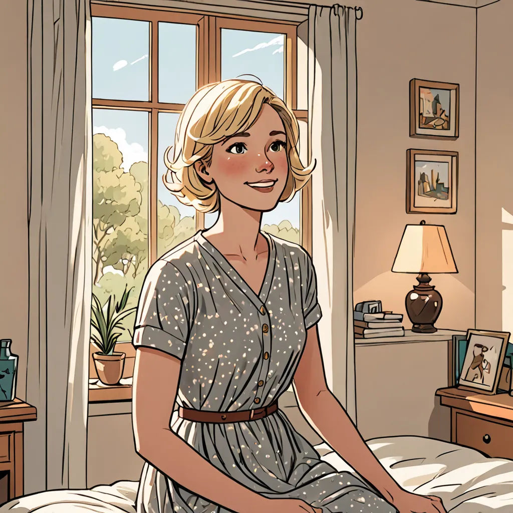 a woman sitting on a bed in a room with a window and a lamp on the side of the bed, academic art, a comic book panel, Colin Middleton, graphic novel