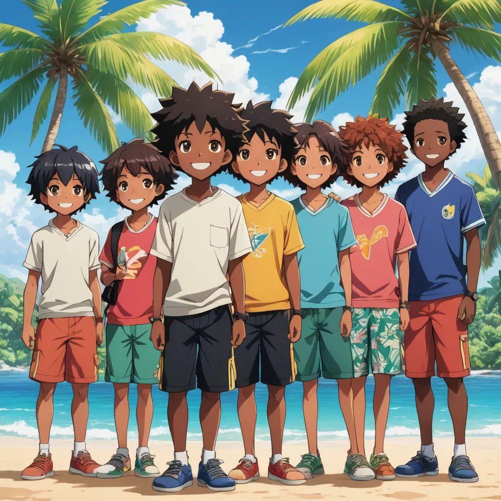 a group of young boys standing next to each other on a beach near the ocean with palm trees in the background, rayonism, an album cover, Baiōken Eishun, official art