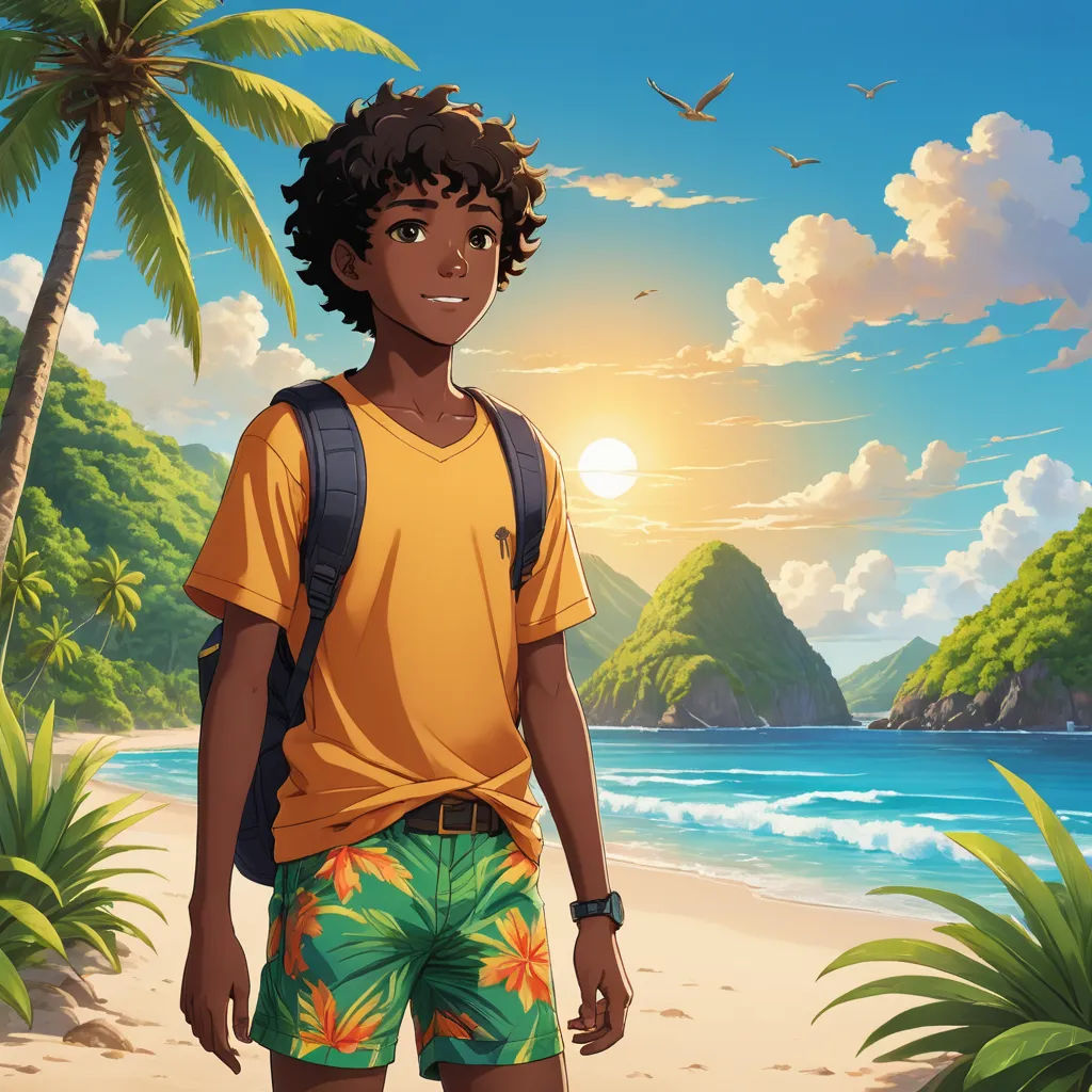 a boy standing on a beach with a backpack on his back and a bird flying over him in the sky, sots art, a character portrait, Cedric Seaut (Keos Masons), official art
